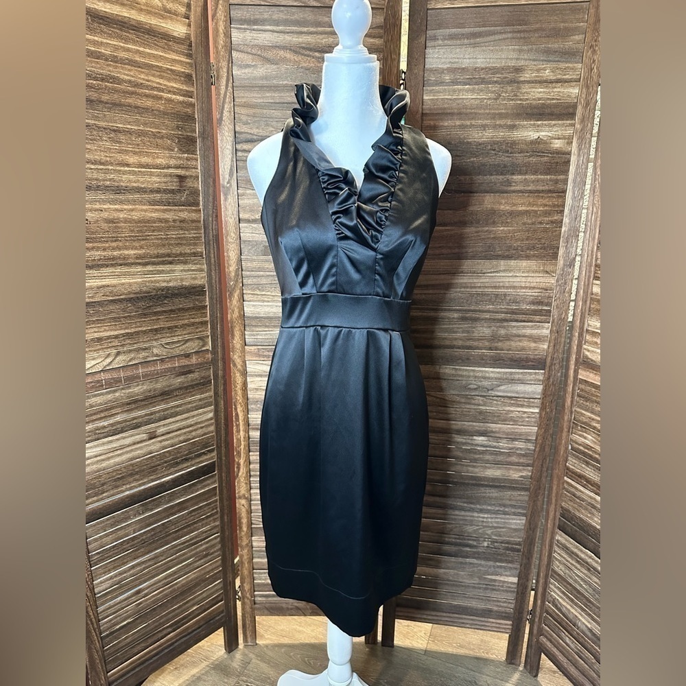 Just…Taylor Black Satin Dress Pop Collar Ruffle